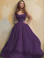 A-line Princess Square Sleeveless Stylish Floor-Length Tulle Prom Dress With Ruffles