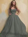 A-line Princess Square Sleeveless Stylish Floor-Length Tulle Prom Dress With Ruffles