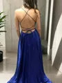 A-line Flowing Spaghetti Straps Sleeveless Sweep Train Silk like Satin Corset Prom Dress With Slit