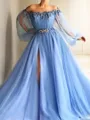 A-line Princess Off-the-Shoulder Long Sleeves Feminine Floor-Length Tulle Prom Dress With Beading