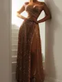 A-line Off-the-Shoulder Sleeveless Floor-Length Gleaming Sequins Prom Dress With Slit