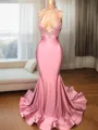 Trumpet/Mermaid Sophisticated V-Neck Sleeveless Sweep Train Charmeuse Prom Dress With Slit