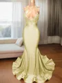 Trumpet/Mermaid Sophisticated V-Neck Sleeveless Sweep Train Charmeuse Prom Dress With Slit