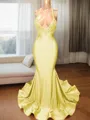 Trumpet/Mermaid Sophisticated V-Neck Sleeveless Sweep Train Charmeuse Prom Dress With Slit