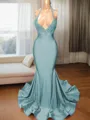 Trumpet/Mermaid Sophisticated V-Neck Sleeveless Sweep Train Charmeuse Prom Dress With Slit