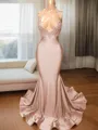 Trumpet/Mermaid Sophisticated V-Neck Sleeveless Sweep Train Charmeuse Prom Dress With Slit