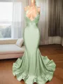 Trumpet/Mermaid Sophisticated V-Neck Sleeveless Sweep Train Charmeuse Prom Dress With Slit