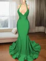 Trumpet/Mermaid Sophisticated V-Neck Sleeveless Sweep Train Charmeuse Prom Dress With Slit