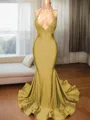 Trumpet/Mermaid Sophisticated V-Neck Sleeveless Sweep Train Charmeuse Prom Dress With Slit