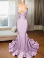 Trumpet/Mermaid Sophisticated V-Neck Sleeveless Sweep Train Charmeuse Prom Dress With Slit