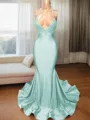 Trumpet/Mermaid Sophisticated V-Neck Sleeveless Sweep Train Charmeuse Prom Dress With Slit