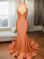 Trumpet/Mermaid Sophisticated V-Neck Sleeveless Sweep Train Charmeuse Prom Dress With Slit