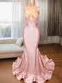 Trumpet/Mermaid Sophisticated V-Neck Sleeveless Sweep Train Charmeuse Prom Dress With Slit
