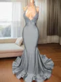 Trumpet/Mermaid Sophisticated V-Neck Sleeveless Sweep Train Charmeuse Prom Dress With Slit