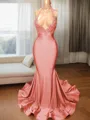Trumpet/Mermaid Sophisticated V-Neck Sleeveless Sweep Train Charmeuse Prom Dress With Slit