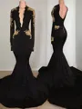 Trumpet/Mermaid V-Neck Long Sleeves Chapel Train Glamorous Jersey Prom Dress With Applique