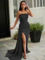 Sheath/Column Strapless Sleeveless Sweep Train Sleek Charmeuse Prom Dress With Slit