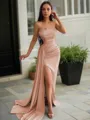 Sheath/Column Strapless Sleeveless Sweep Train Sleek Charmeuse Prom Dress With Slit