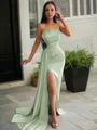 Sheath/Column Strapless Sleeveless Sweep Train Sleek Charmeuse Prom Dress With Slit