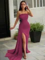 Sheath/Column Strapless Sleeveless Sweep Train Sleek Charmeuse Prom Dress With Slit