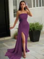 Sheath/Column Strapless Sleeveless Sweep Train Sleek Charmeuse Prom Dress With Slit