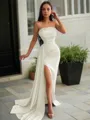 Sheath/Column Strapless Sleeveless Sweep Train Sleek Charmeuse Prom Dress With Slit