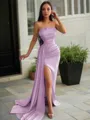 Sheath/Column Strapless Sleeveless Sweep Train Sleek Charmeuse Prom Dress With Slit