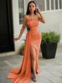 Sheath/Column Strapless Sleeveless Sweep Train Sleek Charmeuse Prom Dress With Slit