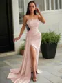 Sheath/Column Strapless Sleeveless Sweep Train Sleek Charmeuse Prom Dress With Slit