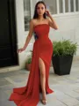 Sheath/Column Strapless Sleeveless Sweep Train Sleek Charmeuse Prom Dress With Slit