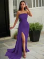 Sheath/Column Strapless Sleeveless Sweep Train Sleek Charmeuse Prom Dress With Slit
