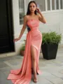 Sheath/Column Strapless Sleeveless Sweep Train Sleek Charmeuse Prom Dress With Slit