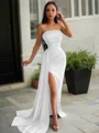 Sheath/Column Strapless Sleeveless Sweep Train Sleek Charmeuse Prom Dress With Slit