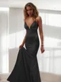Trumpet/Mermaid Straps Sleeveless Floor-Length Silk like Satin Striking Prom Dress With Ruffles