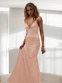 Trumpet/Mermaid Straps Sleeveless Floor-Length Silk like Satin Striking Prom Dress With Ruffles