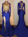 Show-stopping Trumpet/Mermaid High Neck Long Sleeves Sweep Train Jersey Prom Dress With Slit