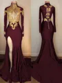 Show-stopping Trumpet/Mermaid High Neck Long Sleeves Sweep Train Jersey Prom Dress With Slit