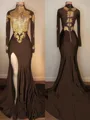 Show-stopping Trumpet/Mermaid High Neck Long Sleeves Sweep Train Jersey Prom Dress With Slit