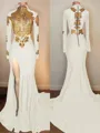 Show-stopping Trumpet/Mermaid High Neck Long Sleeves Sweep Train Jersey Prom Dress With Slit