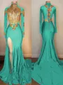 Show-stopping Trumpet/Mermaid High Neck Long Sleeves Sweep Train Jersey Prom Dress With Slit