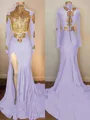 Show-stopping Trumpet/Mermaid High Neck Long Sleeves Sweep Train Jersey Prom Dress With Slit