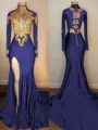 Show-stopping Trumpet/Mermaid High Neck Long Sleeves Sweep Train Jersey Prom Dress With Slit