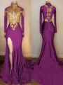 Show-stopping Trumpet/Mermaid High Neck Long Sleeves Sweep Train Jersey Prom Dress With Slit