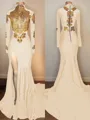 Show-stopping Trumpet/Mermaid High Neck Long Sleeves Sweep Train Jersey Prom Dress With Slit