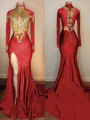 Show-stopping Trumpet/Mermaid High Neck Long Sleeves Sweep Train Jersey Prom Dress With Slit