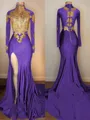 Show-stopping Trumpet/Mermaid High Neck Long Sleeves Sweep Train Jersey Prom Dress With Slit