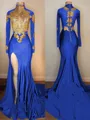 Show-stopping Trumpet/Mermaid High Neck Long Sleeves Sweep Train Jersey Prom Dress With Slit