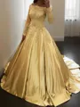 Ball-Gown Off-the-Shoulder Long Sleeves Chapel Train Grand Satin Prom Dress With Applique