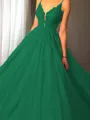 Ball-Gown Princess Spaghetti Straps Sleeveless Sweep Train Majestic Tulle Prom Dress With Applique