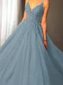 Ball-Gown Princess Spaghetti Straps Sleeveless Sweep Train Majestic Tulle Prom Dress With Applique